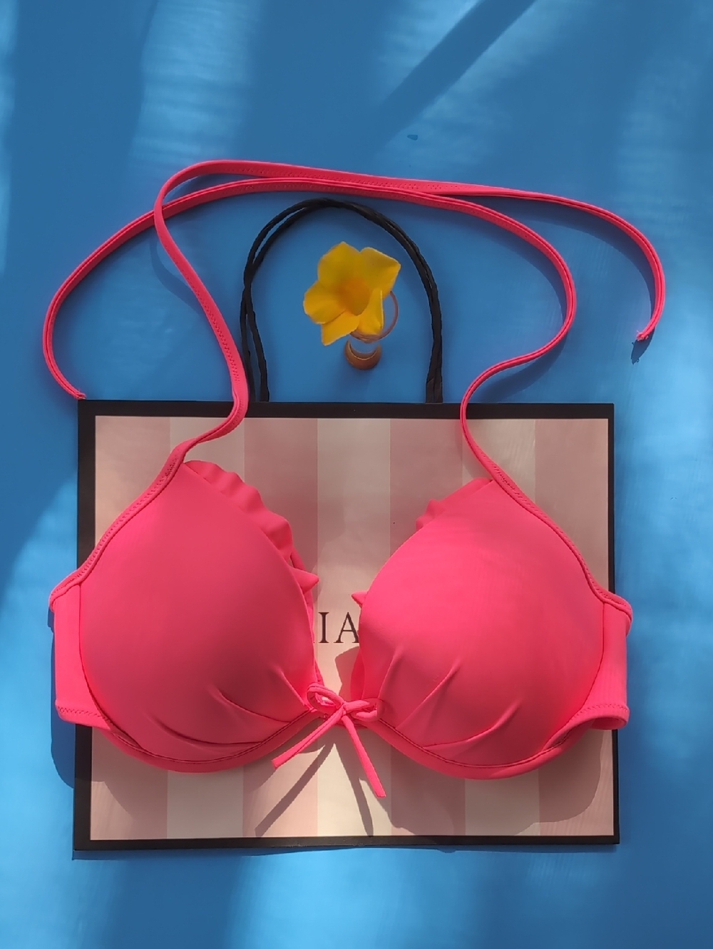 Victoria's Secret Neon Pink Ruffle Halter Bikini Top Size 34C